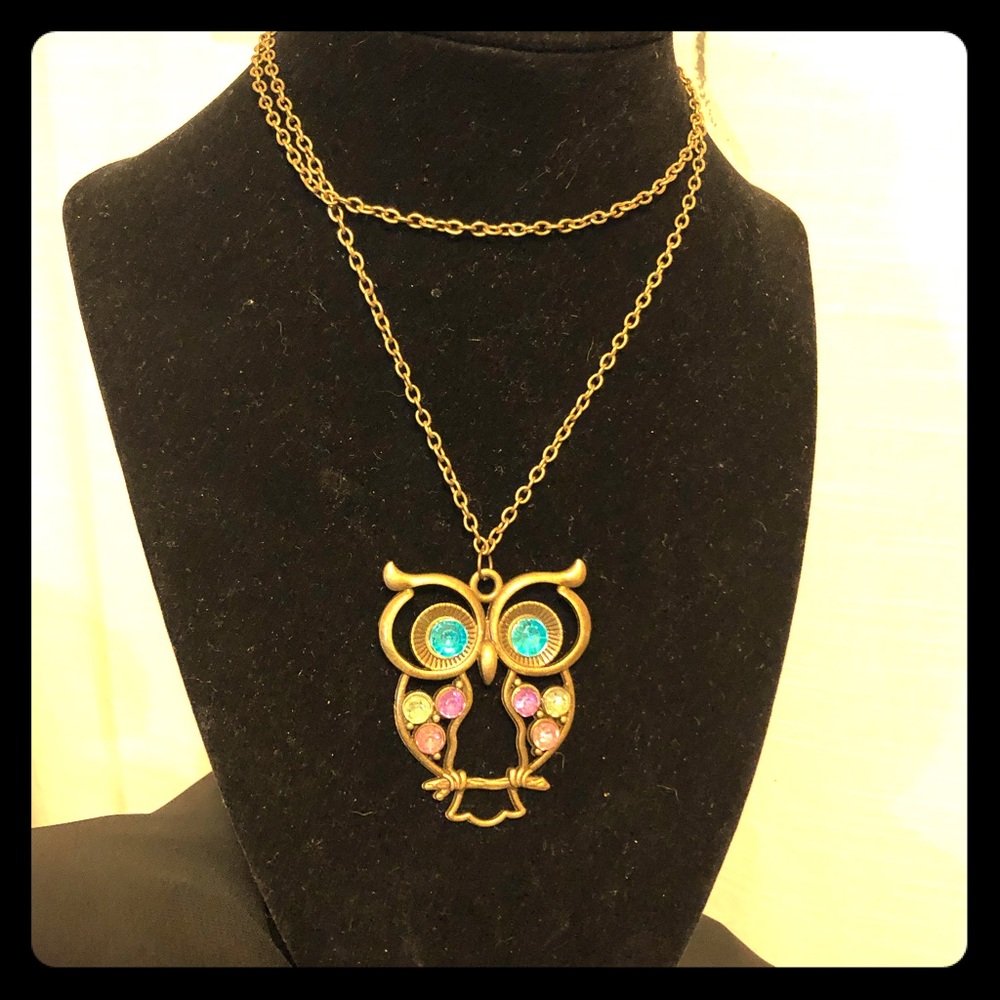 Sparkly, multi color gem, owl fashion necklace